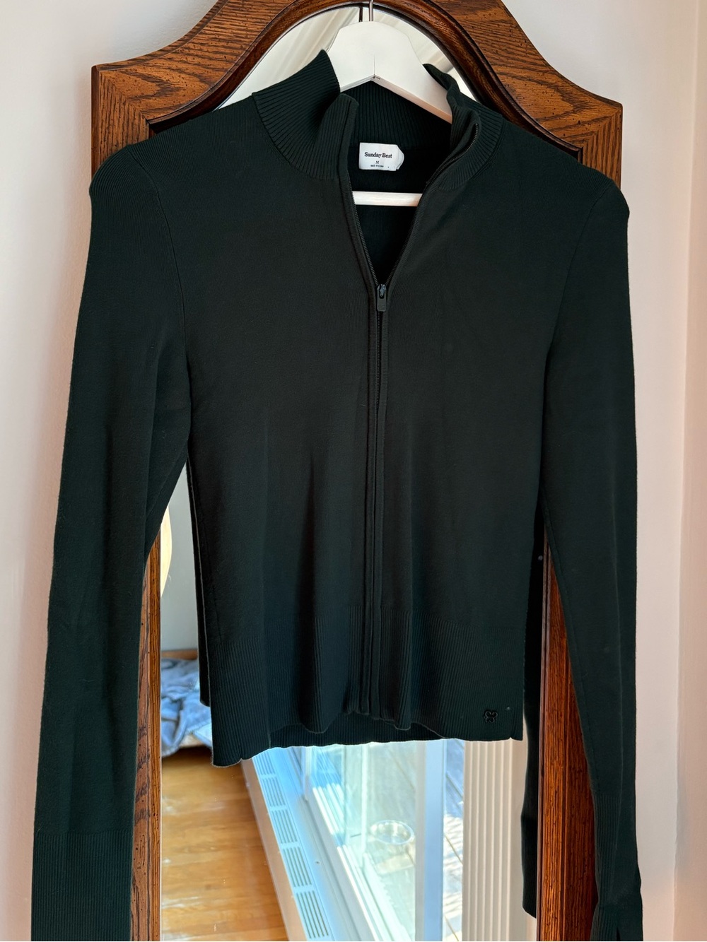 Aritzia Sunday Best Dark Green Ribbed Zip up Fitted Sweater
